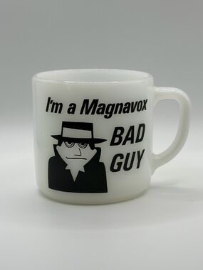 Federal Glass Magnavox Bad Guy Mug Milk Glass Vintage Advertising Cup